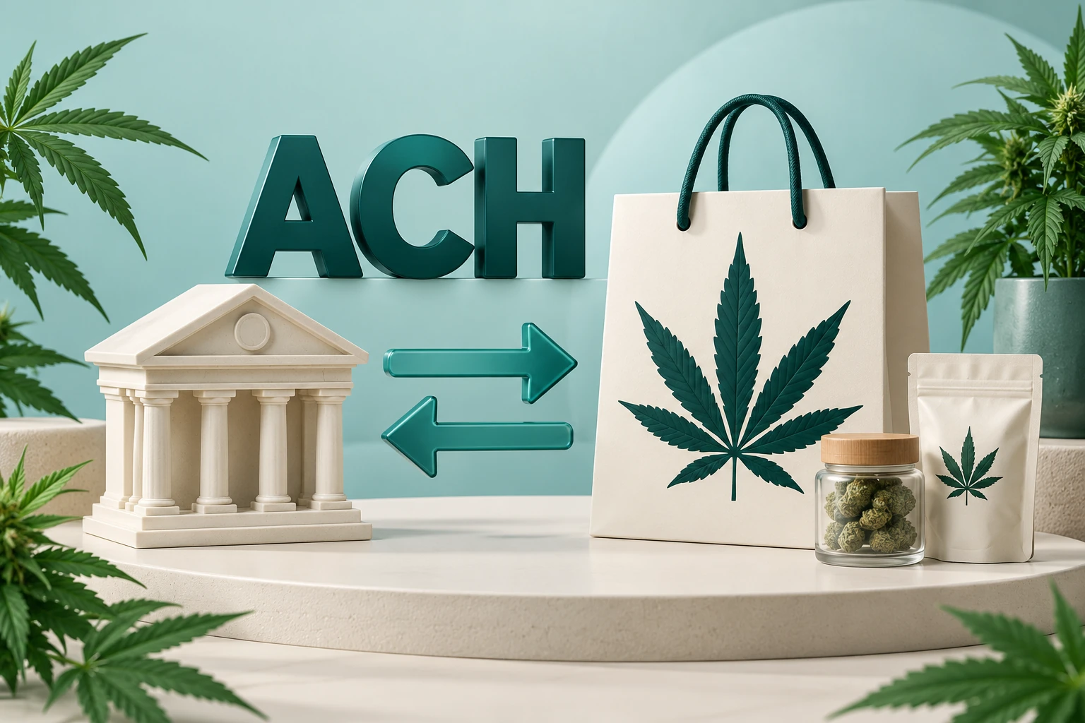 Illustration of clear teal ACH lettering, a bank, and a cannabis-leaf shopping bag with cannabis products.